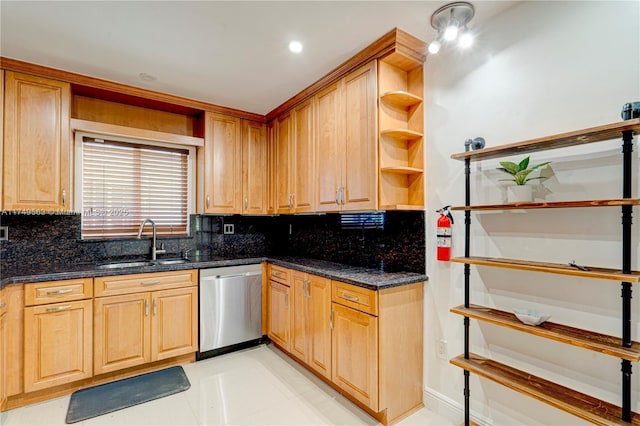 kitchen featuring a sink, backsplash, dishwasher, open shelves, and dark stone countertops