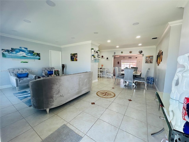 living room featuring crown molding and light tile patterned floors