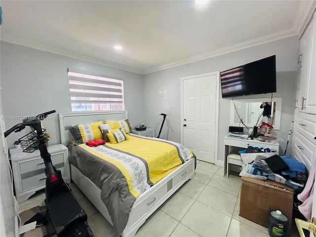 bedroom with light tile patterned floors and ornamental molding