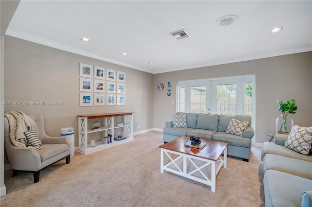 living room with baseboards, visible vents, french doors, carpet flooring, and crown molding