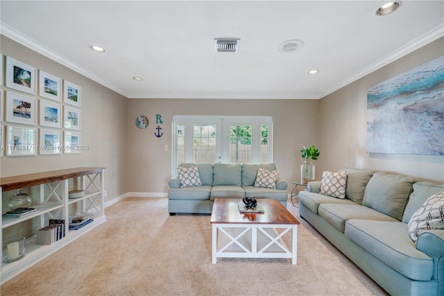 carpeted living room featuring visible vents, french doors, and ornamental molding