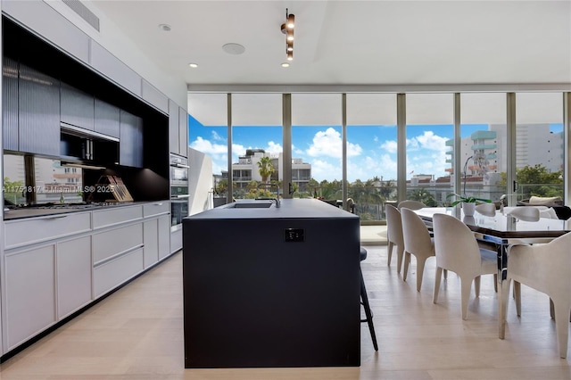 kitchen with a healthy amount of sunlight, light wood finished floors, a view of city, and a wall of windows