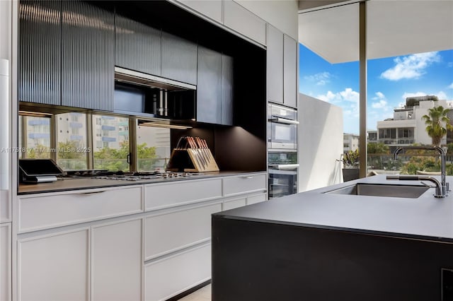 kitchen with stainless steel appliances, a sink, and white cabinetry