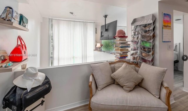 living area featuring baseboards and wood finished floors