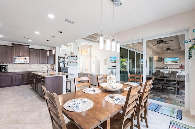 dining space featuring recessed lighting, visible vents, ceiling fan, and light tile patterned floors