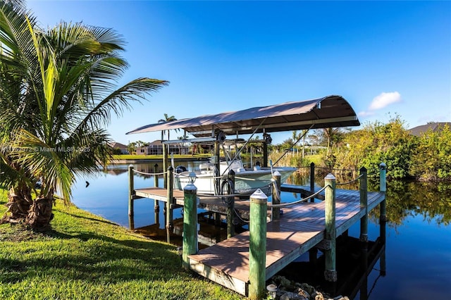 view of dock with a water view and boat lift