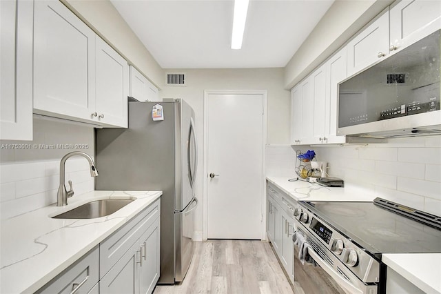 kitchen with a sink, visible vents, white cabinetry, appliances with stainless steel finishes, and light wood finished floors