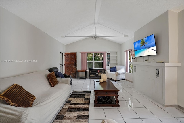 living room featuring built in features, lofted ceiling, baseboards, and light tile patterned floors