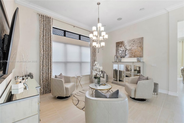 living area featuring baseboards, a chandelier, tile patterned flooring, and crown molding