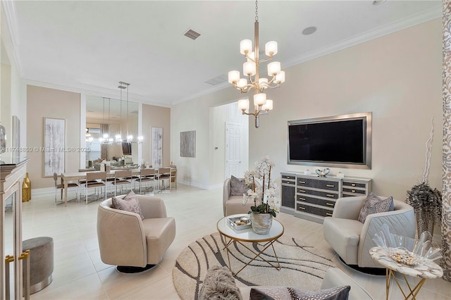 living room featuring crown molding, visible vents, and a notable chandelier