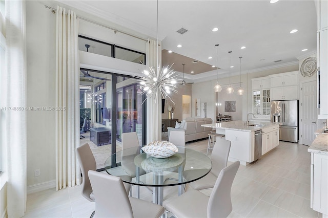 dining area with recessed lighting, visible vents, an inviting chandelier, ornamental molding, and light tile patterned flooring