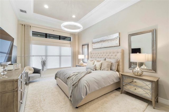 bedroom with recessed lighting, a raised ceiling, visible vents, ornamental molding, and baseboards