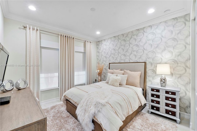 bedroom featuring ornamental molding, recessed lighting, baseboards, and wallpapered walls