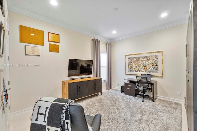 office featuring ornamental molding, recessed lighting, and baseboards