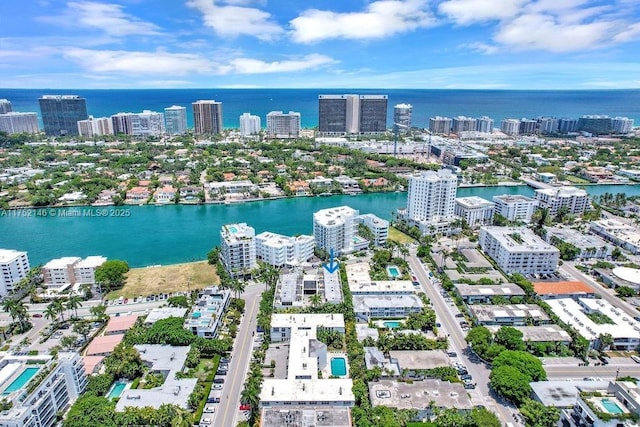 aerial view with a water view and a city view