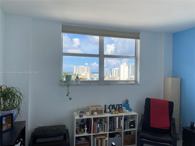 sitting room featuring a view of city