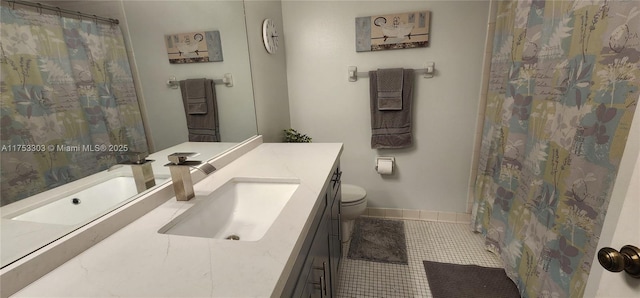 bathroom with vanity, tile patterned flooring, toilet, and baseboards