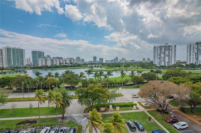 aerial view with a view of city and a water view