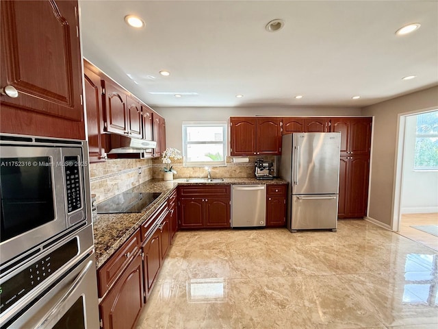 kitchen with plenty of natural light, appliances with stainless steel finishes, dark stone counters, and a sink