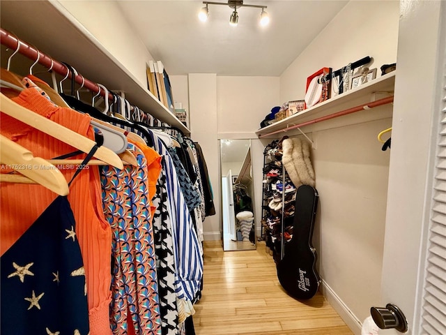 walk in closet with wood finished floors