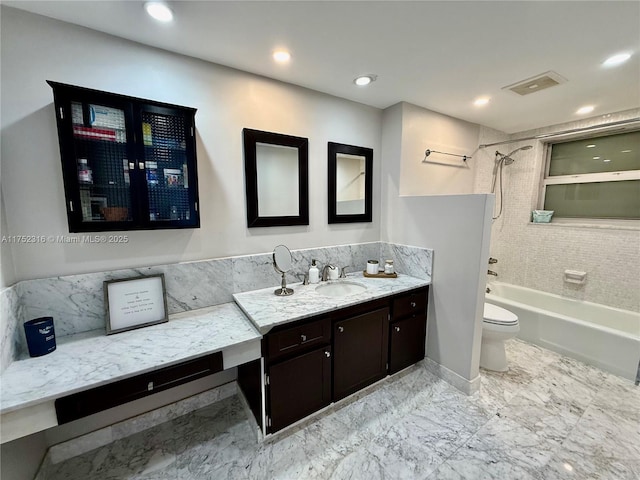 full bathroom featuring visible vents, toilet, shower / tub combination, vanity, and recessed lighting