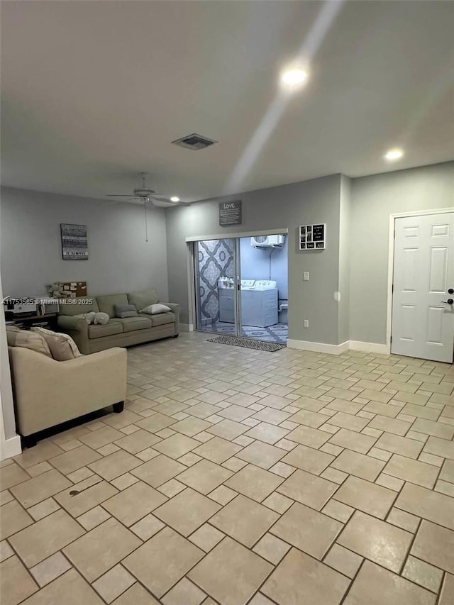 living area with ceiling fan, visible vents, baseboards, and recessed lighting