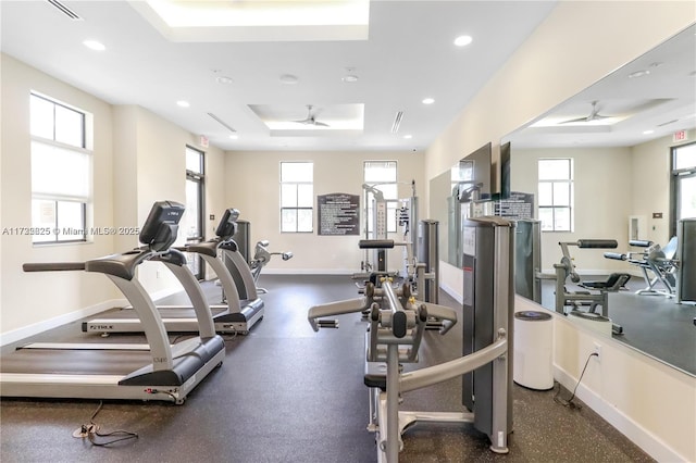 15340 SW 176th Ln, Miami, FL 33187 - exercise room with a ceiling fan, a tray ceiling, plenty of natural light, and recessed lighting