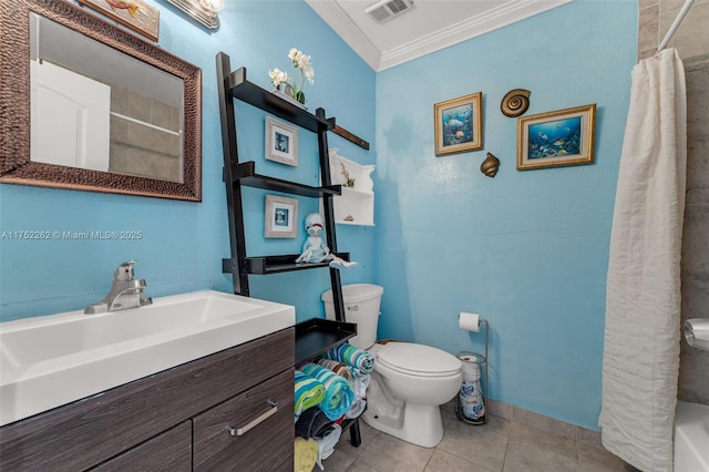 bathroom with visible vents, toilet, crown molding, tile patterned flooring, and vanity