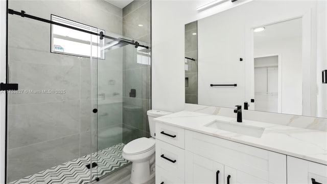 full bathroom with toilet, a shower stall, and vanity