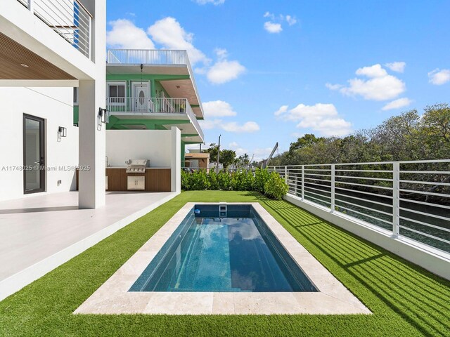 view of swimming pool featuring exterior kitchen and a patio