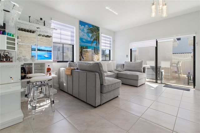 living room featuring light tile patterned flooring