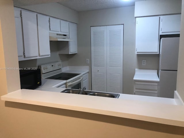 kitchen with electric stove, freestanding refrigerator, under cabinet range hood, black microwave, and a sink