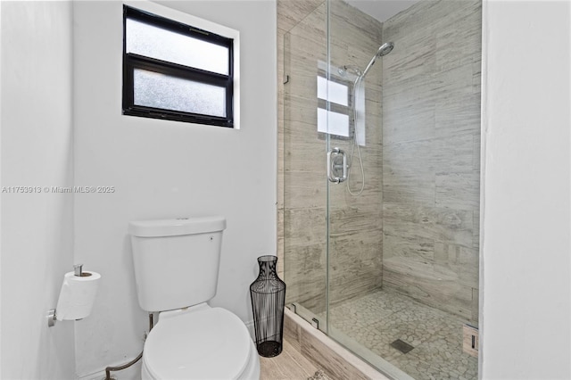 full bathroom featuring a shower stall and toilet