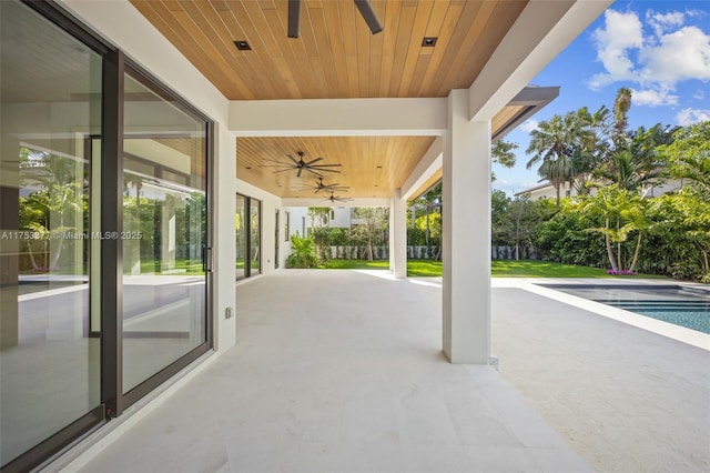 view of patio / terrace featuring ceiling fan and an outdoor pool