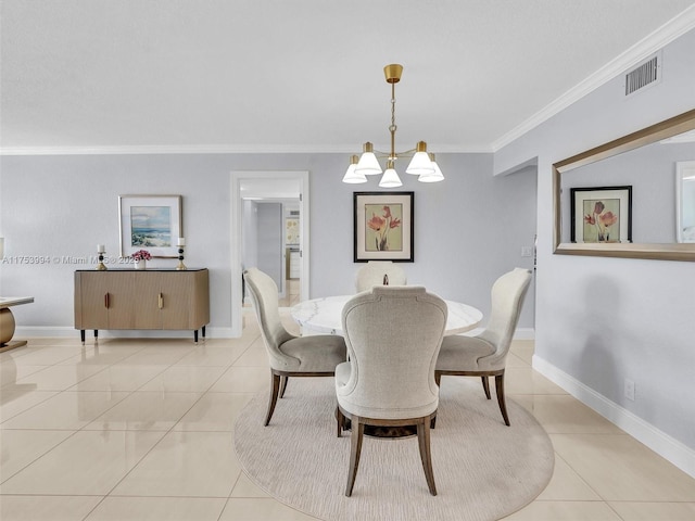 dining room featuring a chandelier, visible vents, ornamental molding, and light tile patterned flooring