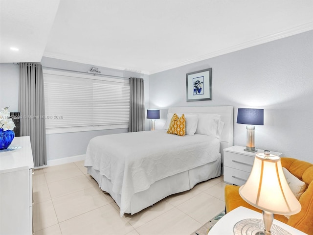 bedroom featuring light tile patterned floors, baseboards, and crown molding