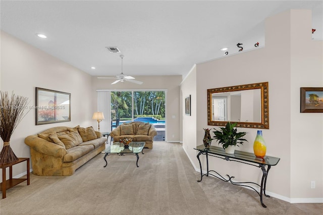 living room featuring recessed lighting, visible vents, carpet flooring, ceiling fan, and baseboards