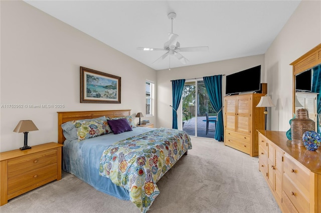 bedroom with light carpet, ceiling fan, and access to exterior