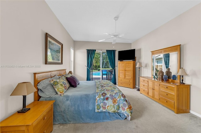 bedroom featuring light carpet, access to outside, a ceiling fan, and baseboards