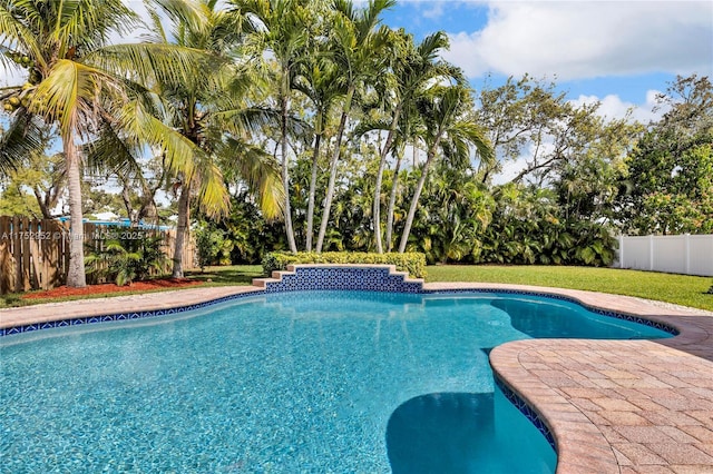 view of swimming pool featuring a fenced in pool, a fenced backyard, and a lawn