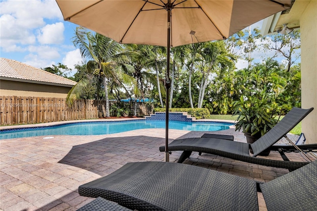 view of pool with a patio area, fence, and a fenced in pool