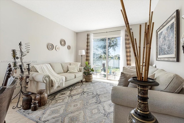 living room with a textured ceiling