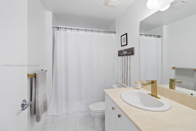 full bath with tile patterned flooring, visible vents, vanity, and toilet