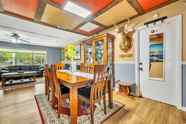 dining area with visible vents, ceiling fan, and light wood finished floors