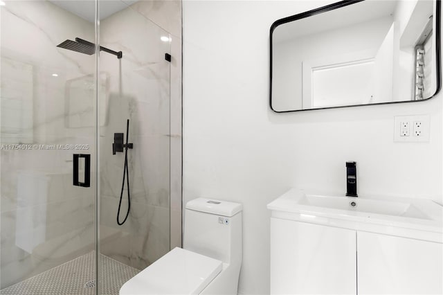 bathroom featuring vanity, a marble finish shower, and toilet