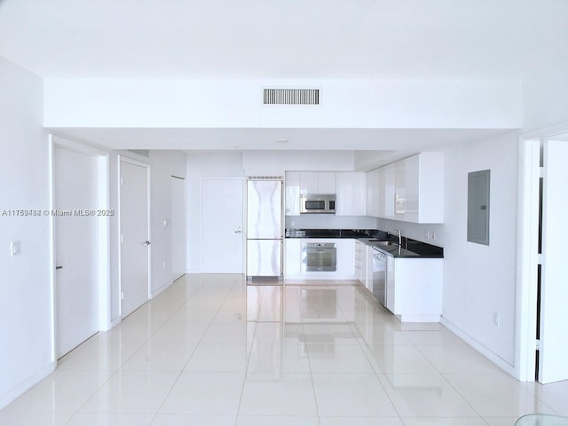 kitchen with dark countertops, visible vents, appliances with stainless steel finishes, white cabinets, and electric panel