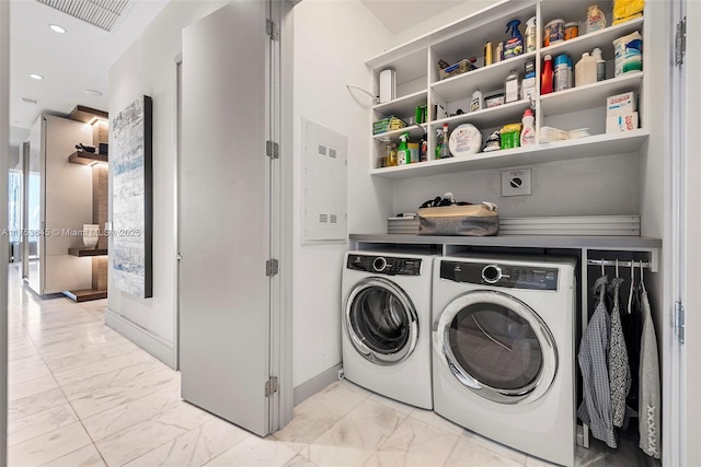 laundry area featuring marble finish floor, recessed lighting, visible vents, and washer and dryer