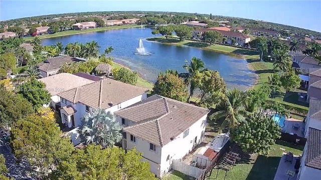birds eye view of property with a water view and a residential view
