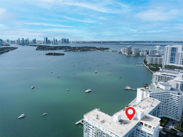 birds eye view of property with a water view and a city view