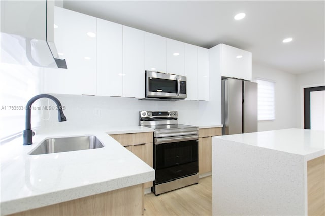 kitchen with modern cabinets, light stone countertops, stainless steel appliances, light wood-style floors, and a sink